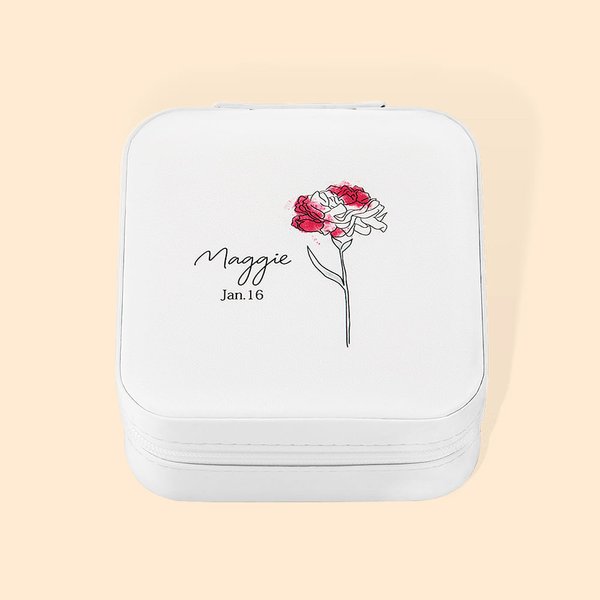 Personalisierte Aquarell floralen PU-Leder-Schmuck-Box mit Geburt Blume und Name für sie