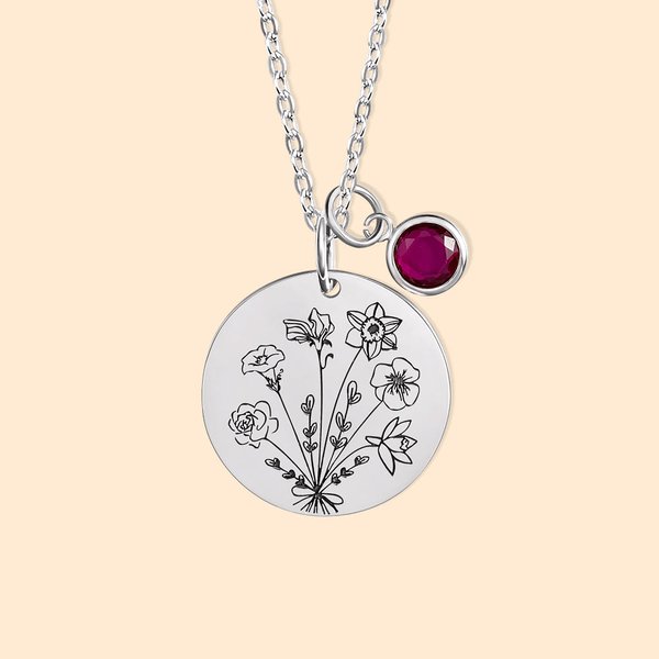 Personalisierte Münze Halskette mit Blumenstrauß von Geburtslume und Geburtsstein Geschenk für Damen Mutter Oma Schwester Freundin
