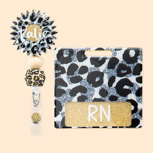 Personalized Sunflower Leopard Glitter Fashional Beaded Retractable Badge Reel And Buddy Gift for Medical Staff