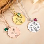 Personalized Engraved Birth Flower Bouquet Necklace with Birthstone Mother's Day Birthday Gift for Women