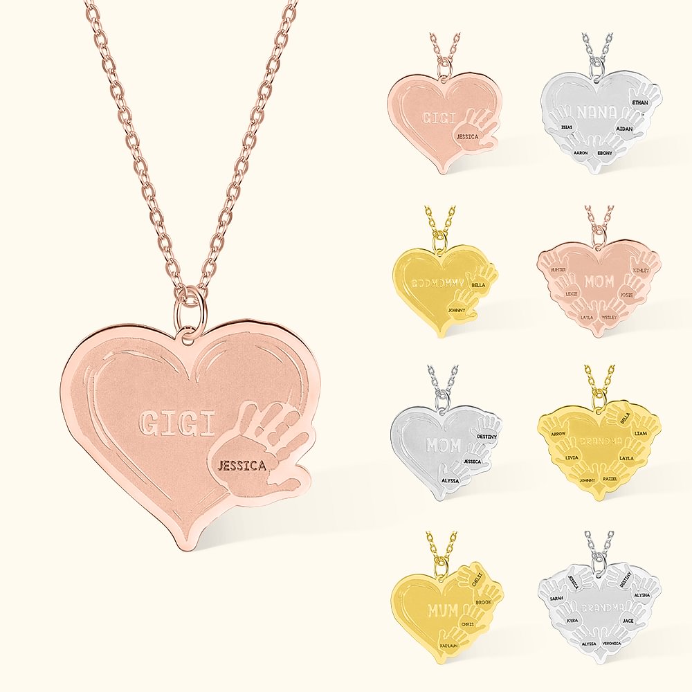 Pendentif en Cœur Gravé Personnalisé avec 1-8 Prénoms et Paumes Cadeau Fête des Mères pour Maman Grand-Mère