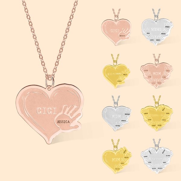 Pendentif en Cœur Gravé Personnalisé avec 1-8 Prénoms et Paumes Cadeau Fête des Mères pour Maman Grand-Mère