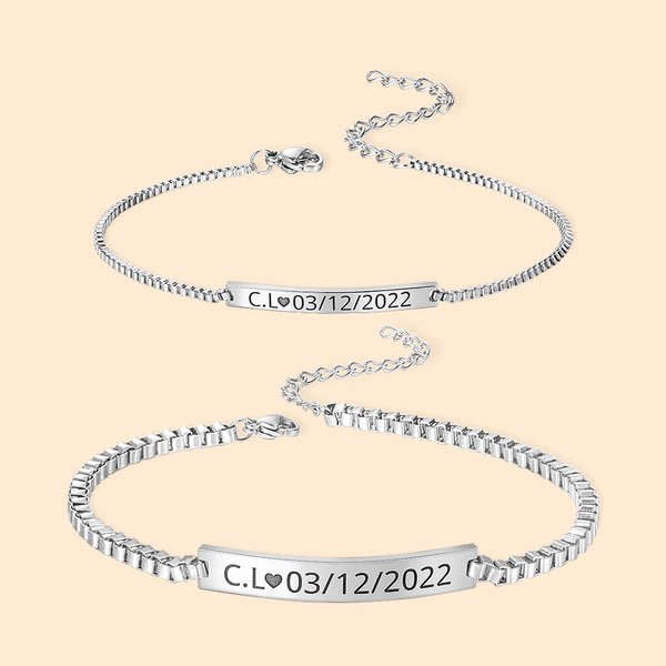 Stainless Steel Couple Bar Bracelet Engraved Text