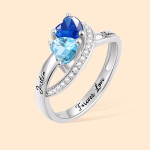 Personalised Sterling Silver Heart Birthstone Ring with 2 Engraved Names and Text Promise Wedding Anniversary Gift for Couple
