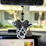 Personalized Highland Cattle Cow with Bow Rear View Mirror Wood Car Charm with Engraved Name Tag Birthday Gift for Cow Lover
