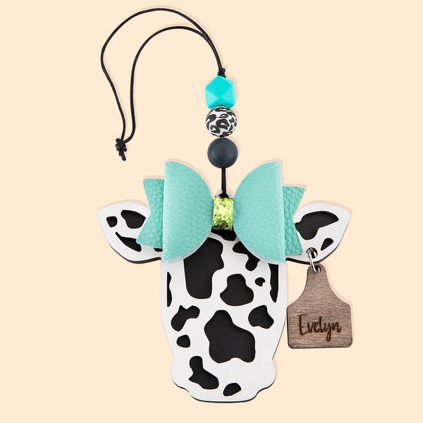 Personalized Highland Cattle Cow with Bow Rear View Mirror Wood Car Charm with Engraved Name Tag Birthday Gift for Cow Lover