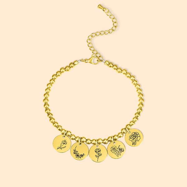 Personalized New Birth Flower Charm Bracelet Multi-Discs Mother's Day Valentine's Day Birthday Anniversary Gift for Mother Wife Girlfriend Bridesmaid