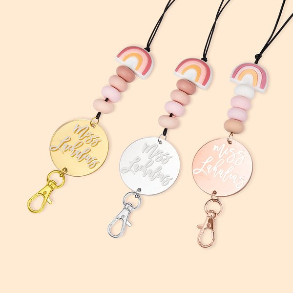 Pink Teacher Lanyard Rainbow Badge Holder Beaded