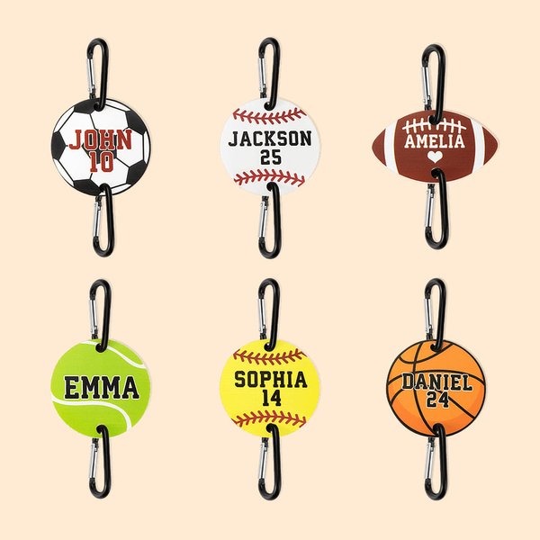 Personalizzato Baseball Softball Pallacanestro Calcio Borsa Tag Gancio con nome Zaino Bagaglio Borsa da viaggio Accessorio Regalo per gli amanti dello sport