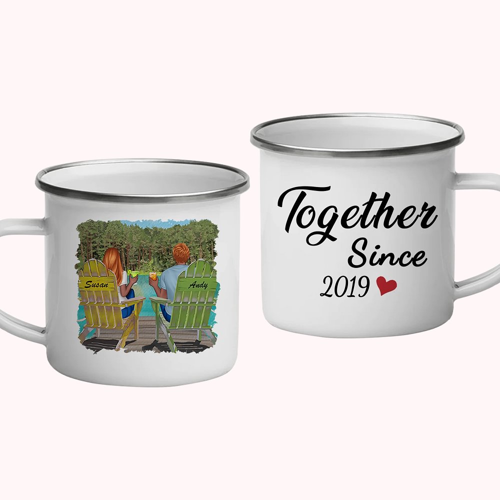 Personnalisé ensemble depuis des années forêt piscine vacances émail tasse facile à nettoyer cadeaux d'anniversaire de Noël