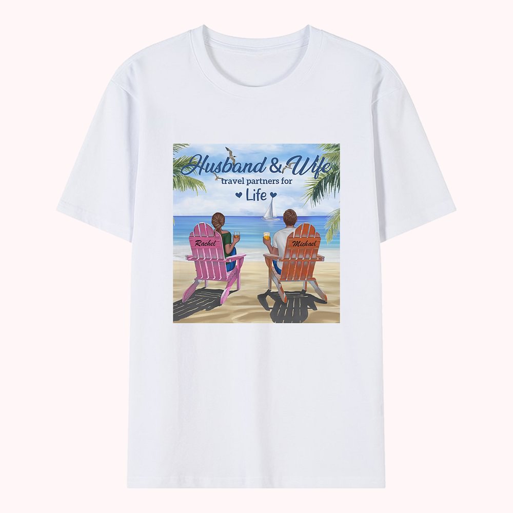 T-shirt de voyage personnalisé pour mari et femme, partenaires de voyage pour la vie, vacances d'été, T-shirt de voyage pour couple, cadeau d'annivers