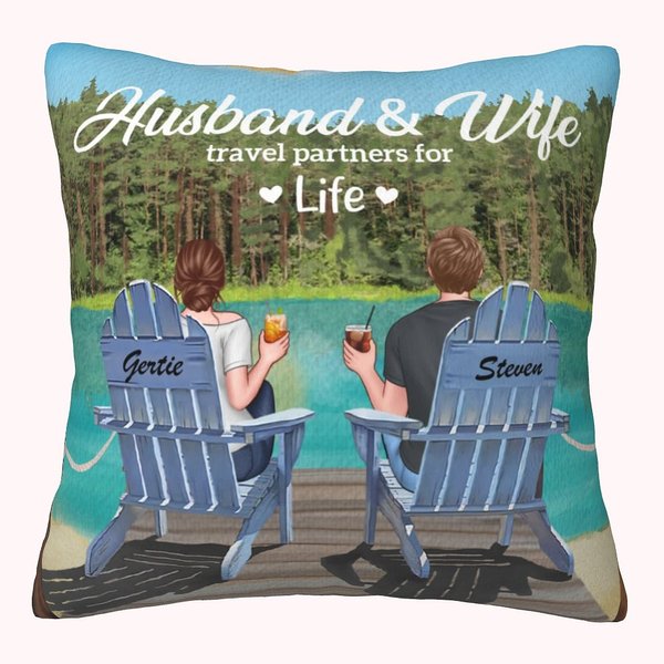 Personalizzato Marito e moglie partner di viaggio per la vita Estate vacanza Throw Pillow Cover Anniversario regalo Sofa Decor