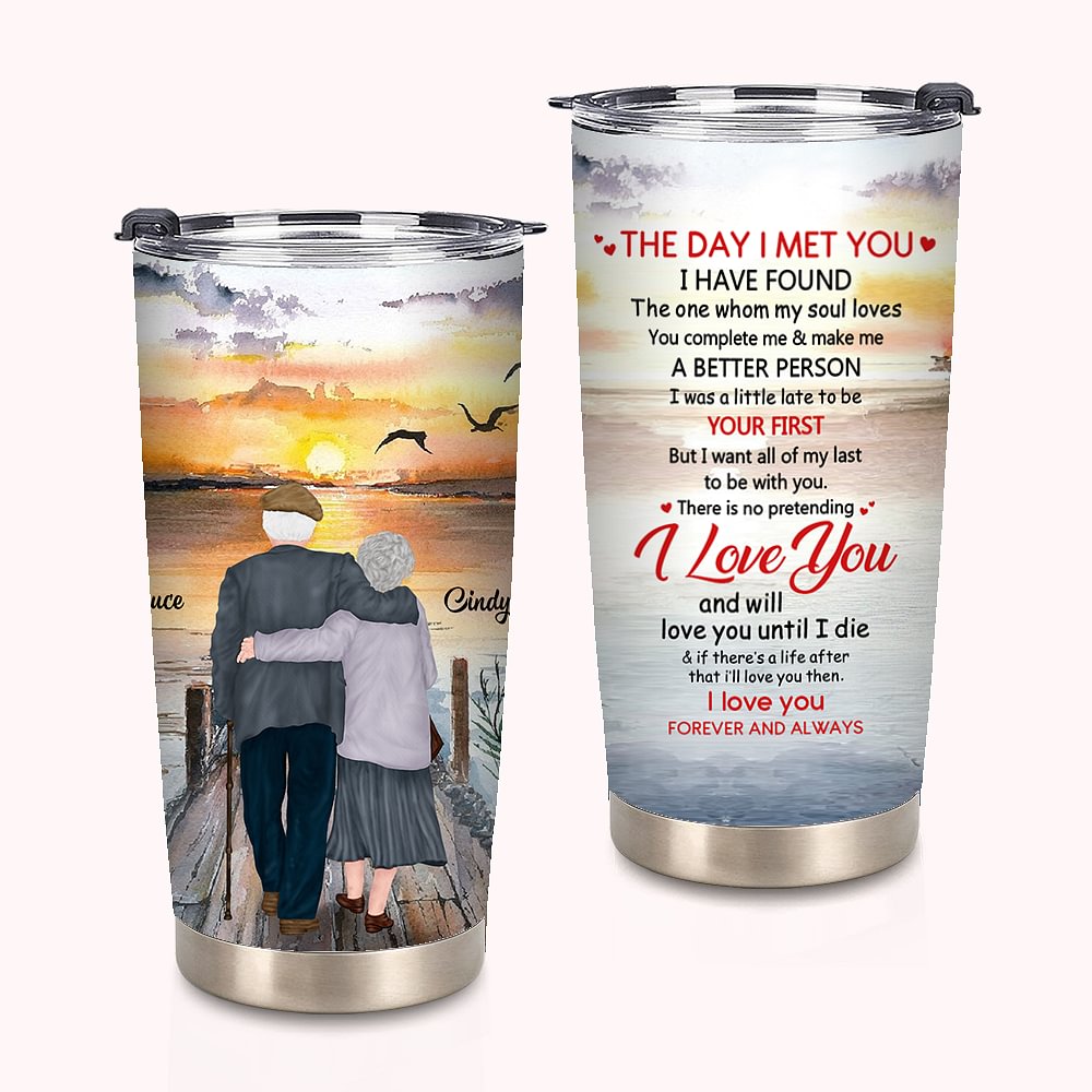 Gobelet personnalisé I Love You I Met You Sunset Old Couple 20 oz pour boissons chaudes et froides anniversaire cadeau d'anniversaire pour les cou