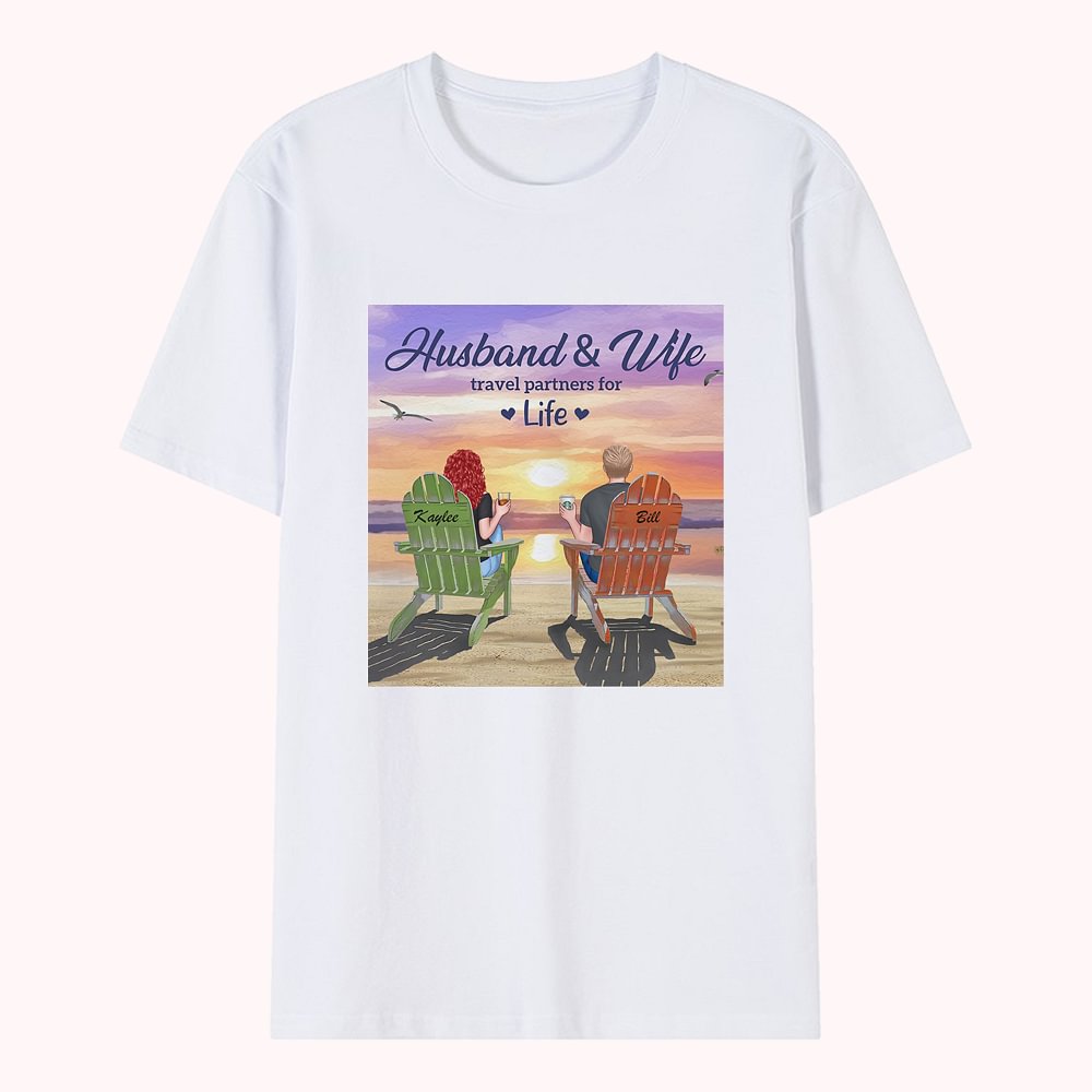 Mari et femme partenaires de voyage pour la vie T-shirt de couple de vacances d'été à la plage