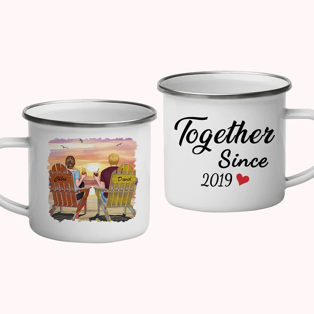 Couple personnalisé ensemble depuis des années Sunset Beach Sweet Love Tasse en émail Cadeaux d'anniversaire de Noël solides et durables