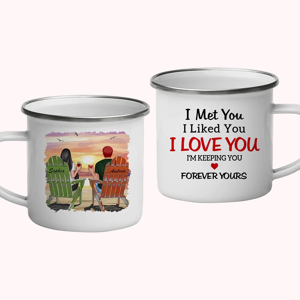 Personnalisé Je t'aime pour toujours Couple plage coucher de soleil émail tasse facile à nettoyer anniversaire noël saint valentin cadeaux