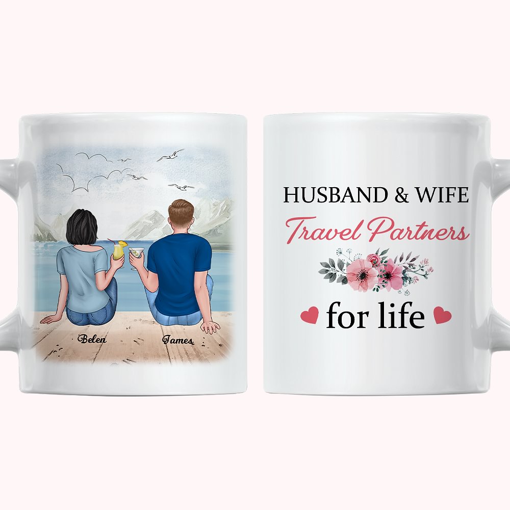 Tazza in ceramica bianca da viaggio personalizzata da marito e moglie per l'ufficio e la casa, da spiaggia, per le vacanze estive della coppia.