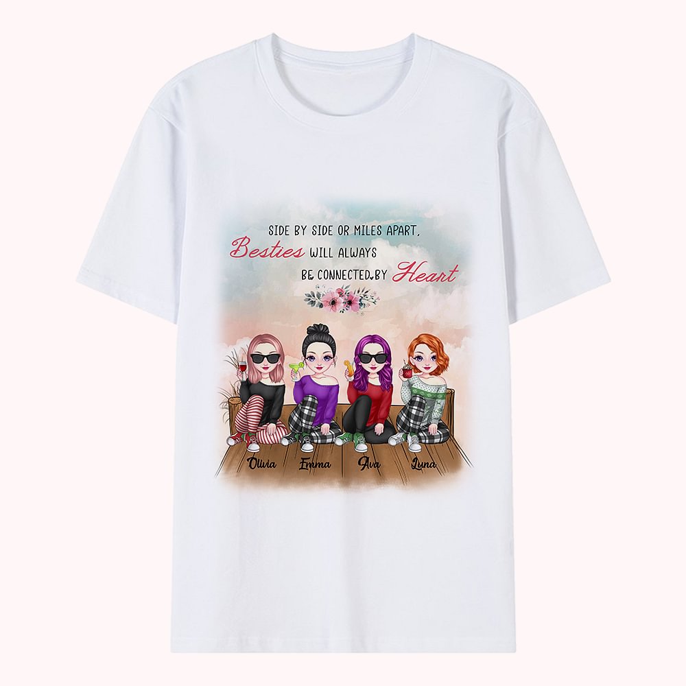 Besties personnalisés côte à côte toujours être connecté par coeur fleurs T-shirt meilleur ami cadeau joyeux anniversaire cadeau