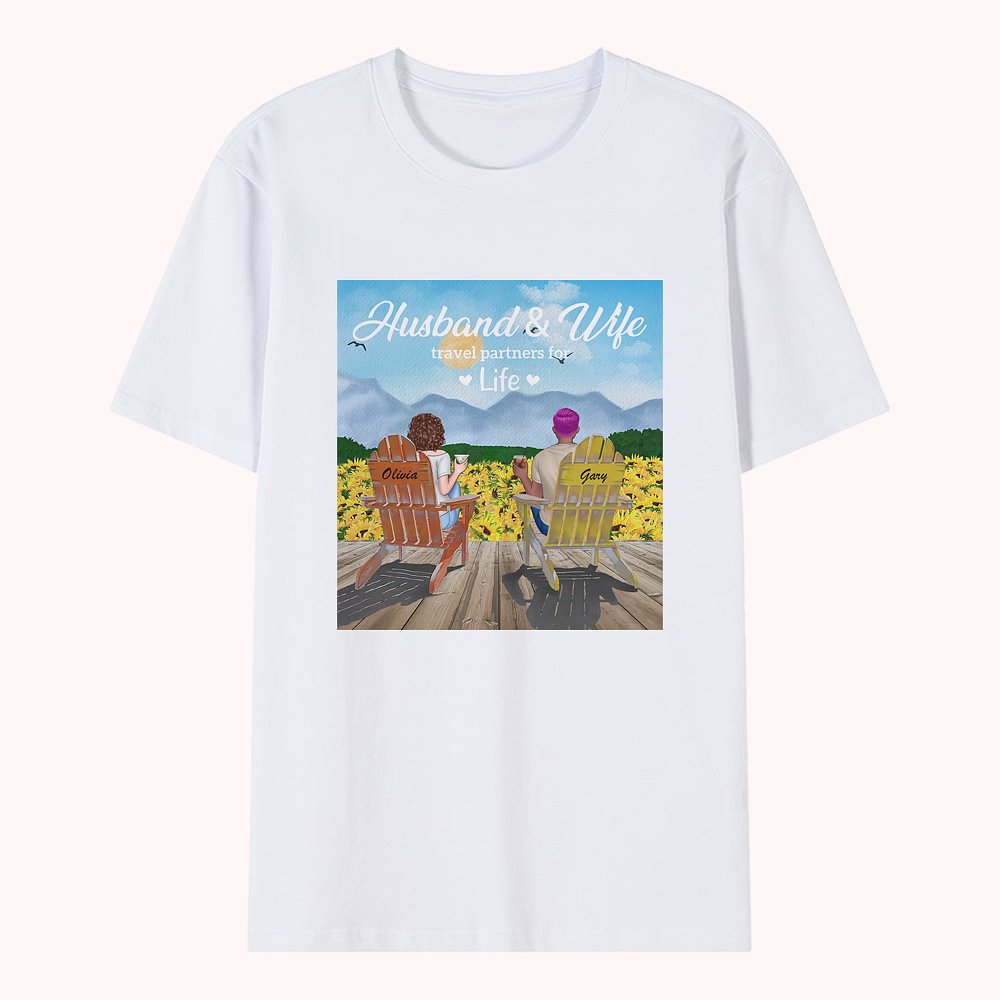 T-shirt personnalisé de couple de mari et d'épouse de vacances d'été de tournesol