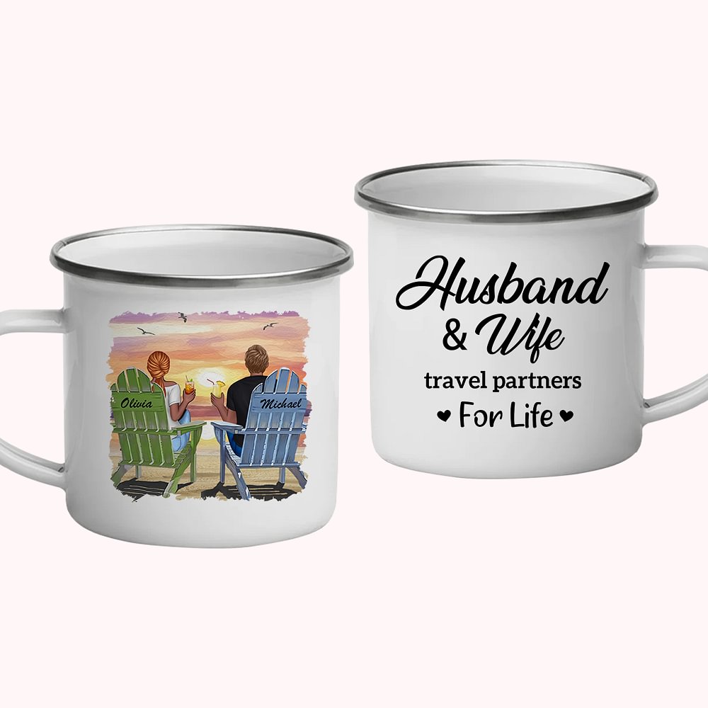 Tasse en émail de Couple de vie de voyage de mari et d'épouse personnalisée cadeau d'anniversaire de la Saint-Valentin de longue durée