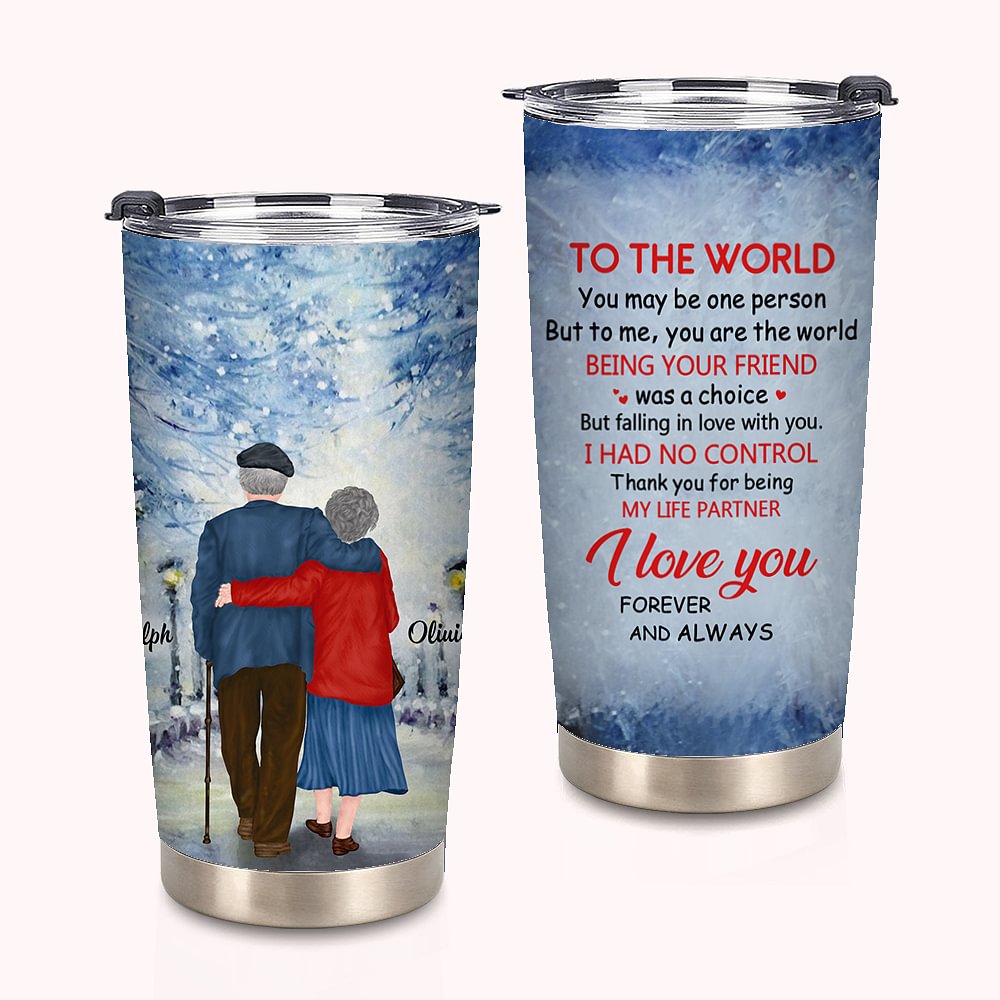 Personnalisé Vieux Couple Inextricable Amour Sincère Confession Hiver Neige Scène 20oz Tumbler Anniversaire Usage Quotidien