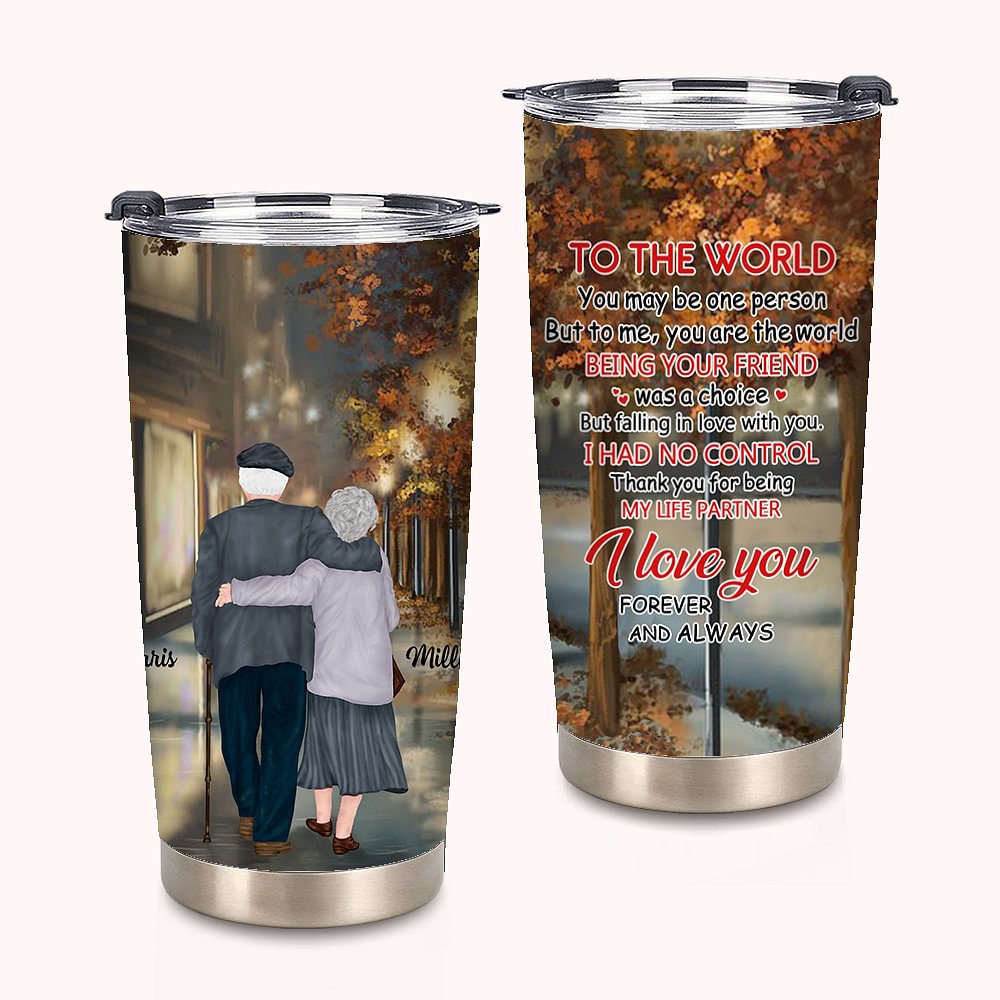 Personnalisé vieux couple se soutenant à travers la vie feuilles d'automne gobelet 20 oz Saint Valentin pour boissons chaudes et froides