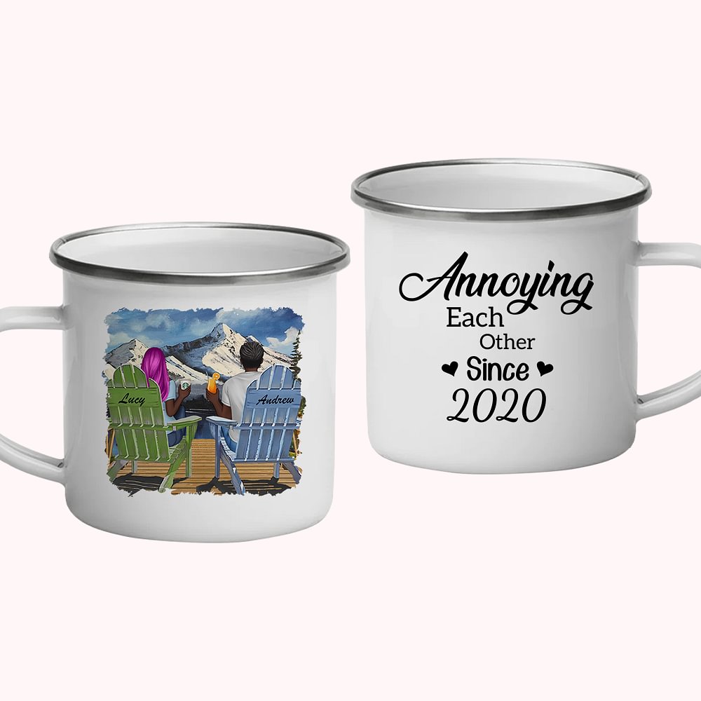Tasse en émail de couple de montagne de neige personnalisée s'ennuyant l'un l'autre Saint Valentin solide et durable