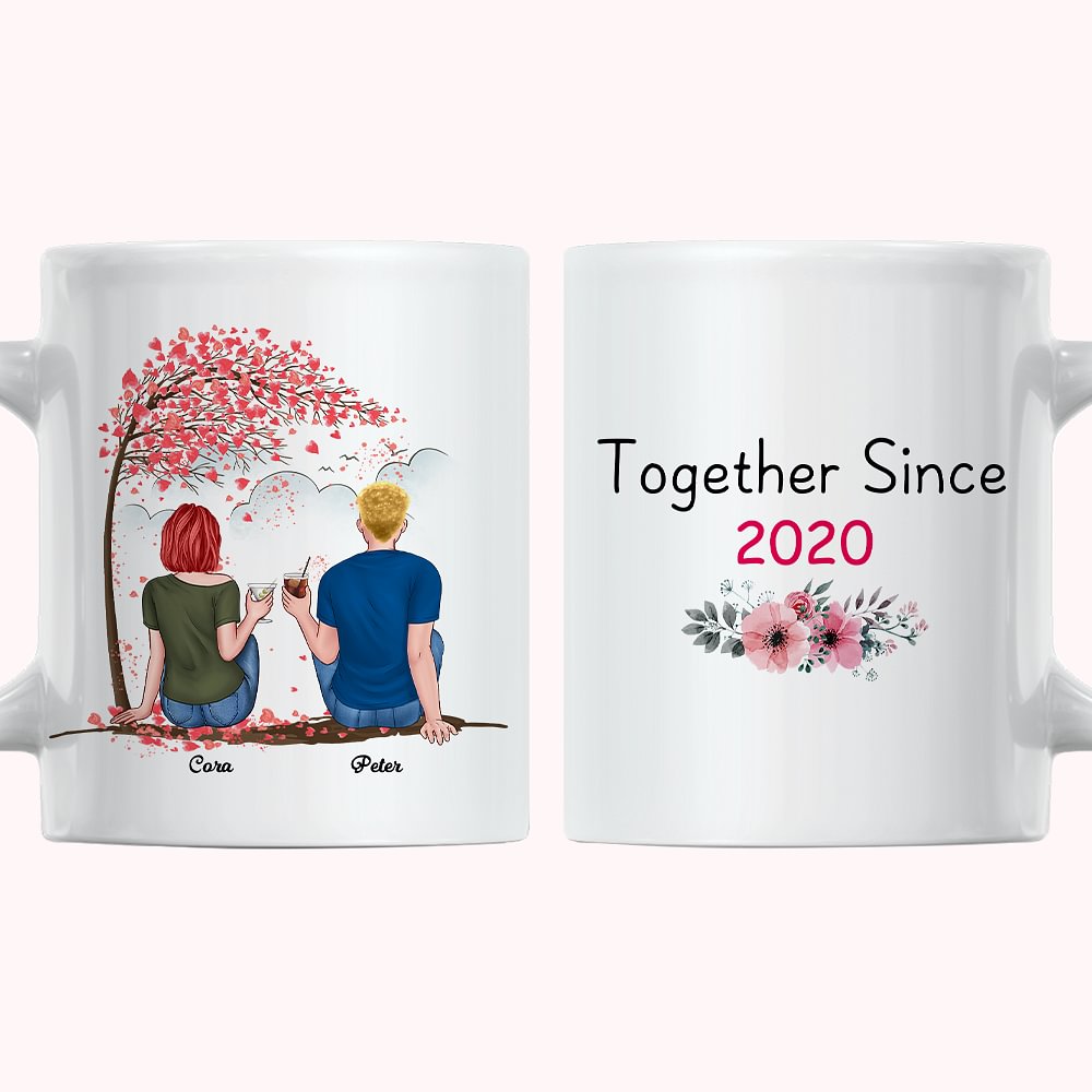 Tasse en céramique blanche avec poignée de type C et arbre d'amour de couple personnalisé ensemble pendant des années