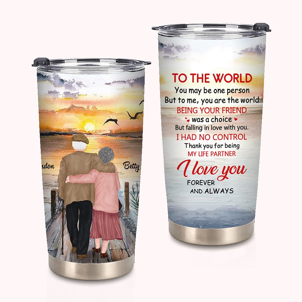 Gobelet personnalisé I Love You to the World Sunset Love Couple 20 oz pour boissons chaudes et froides anniversaire de la Saint-Valentin