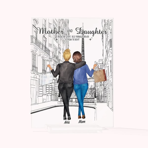 Madre e figlie personalizzate che fanno shopping camminando Placca acrilica Ornamento da scrivania di compleanno
