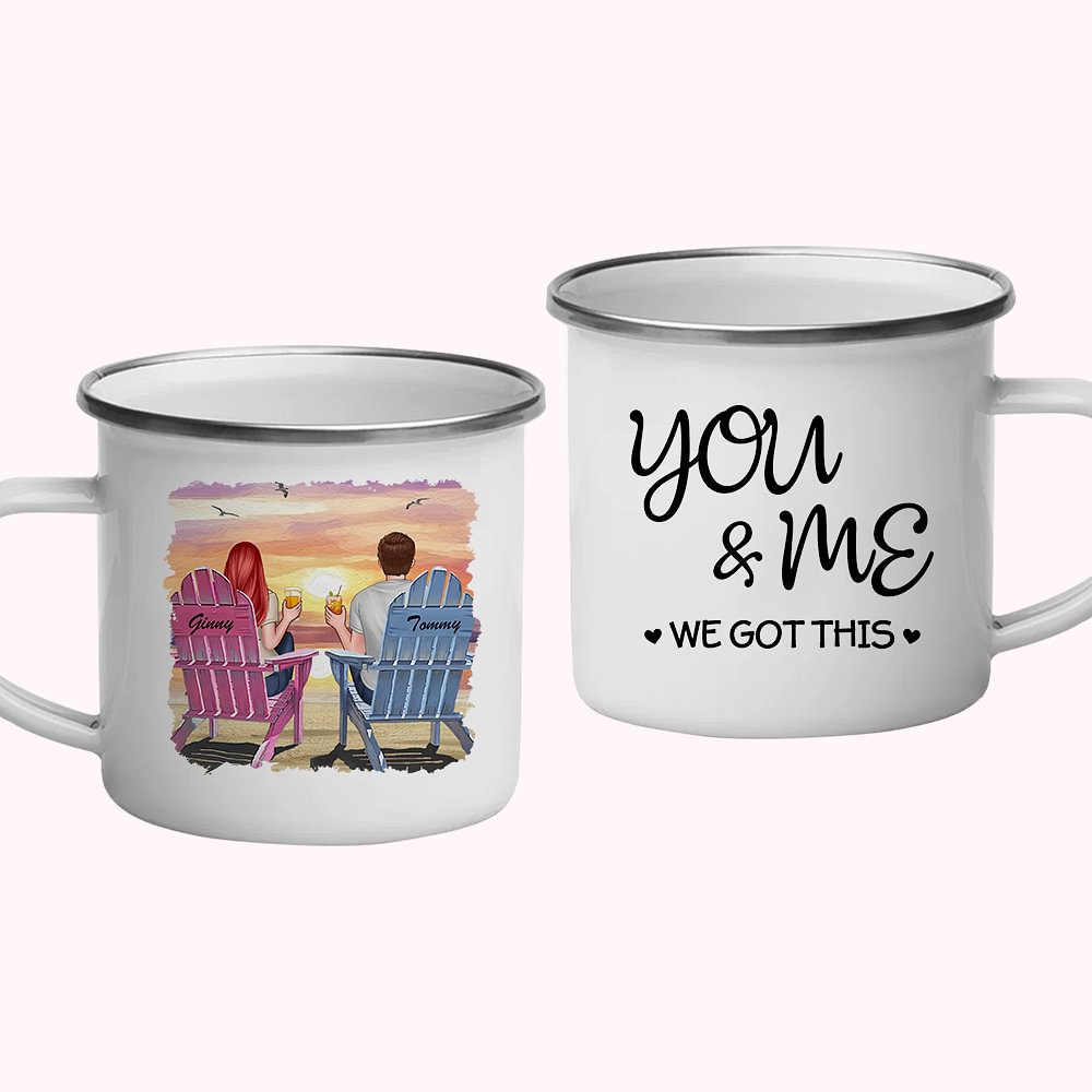 Personnalisé Beach Sunset Seagull Couple You and Me We Got This Mug en émail avec poignée Anniversaire Saint Valentin
