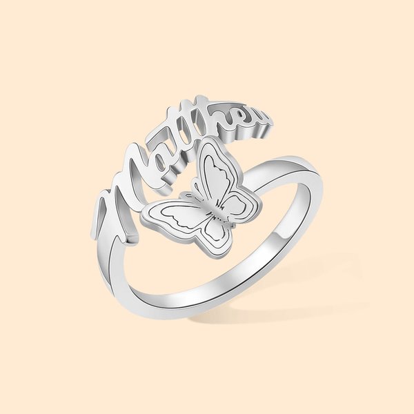 Bague Papillon Personnalisée avec Pierre de Naissance et Nom Cadeau d'Anniversaire de Fête des Mères pour Elle
