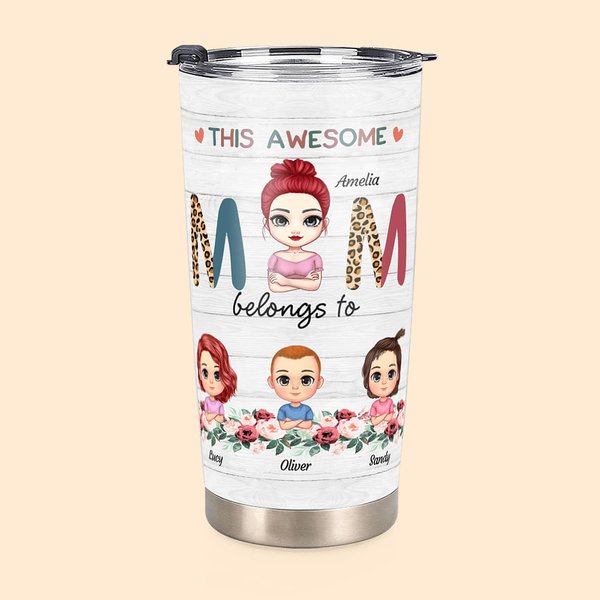 Vaso personalizado Awesome Mom with Her Kids Flowers Element 20oz Regalo del Día de la Mujer para bebidas frías y calientes