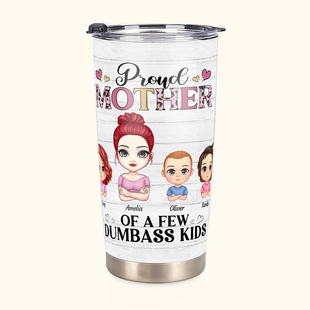 Mère fière personnalisée avec des enfants idiots, un joli gobelet familial de 20 oz, cadeau de fête des mères pour boissons chaudes et froides
