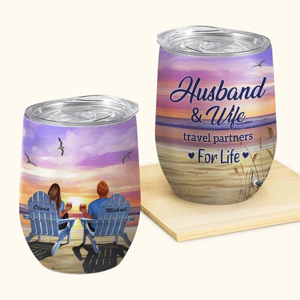 Personalized Couple Husband and Wife Travel Partners for Life Wine Tumbler Valentine's Day Easy to Clean