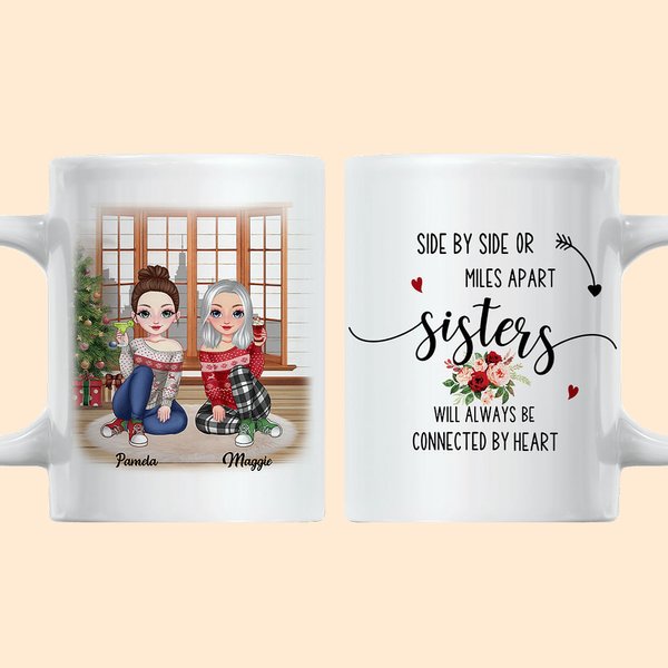 Taza de cerámica blanca personalizada de Navidad Side By Side Or Miles Apart Besties Will Always Be Connected By Heart