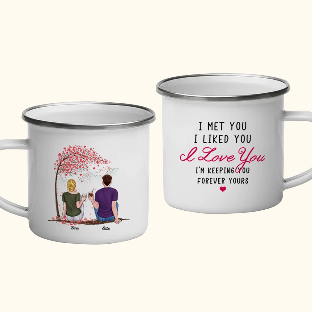 Personnalisé I Love You Forever Couple Sweet by the Tree Mug en émail Facile à nettoyer Cadeaux de la Saint-Valentin