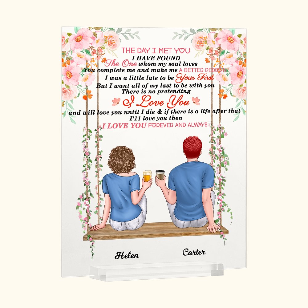 Plaque Acrylique Personnalisée Couple Assis sur Balançoire Fleurie Je T'Aime Pour Toujours Cadeaux d'Amie Décoration Acrylique