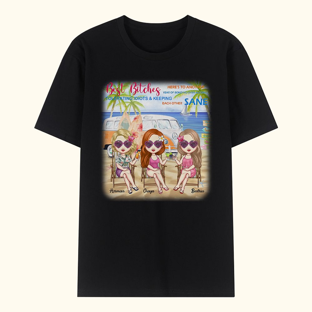 T-shirt personnalisé de voyage de voiture de partie de plage d'arbre de noix de coco de Besties Besties Cadeau d'anniversaire Voyage