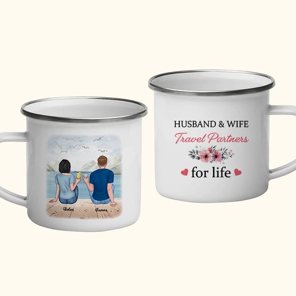 Gepersonaliseerde Man en Vrouw Reispartner voor het Leven Paar aan Zee Emaille Mok Duurzame Valentijnsdag Verjaardag