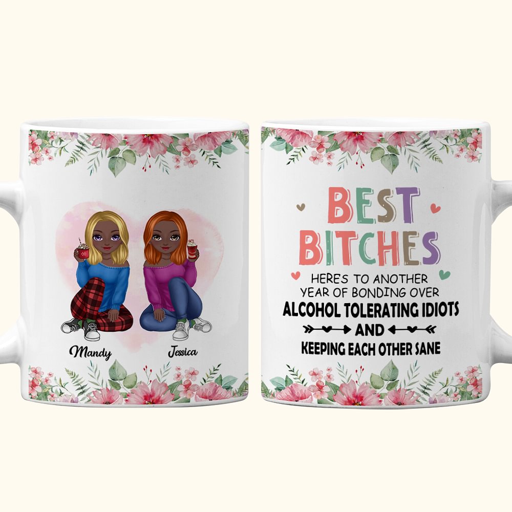Personnalisé meilleures chiennes se gardant l'une l'autre saine bordure de fleurs décoratives tasse en céramique blanche cadeaux d'amitié