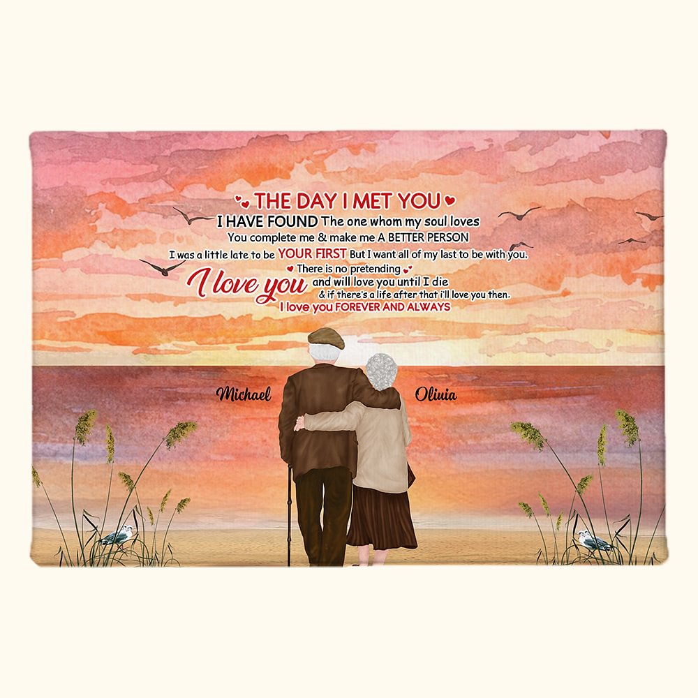Personnalisé le jour où je vous ai rencontré coucher de soleil vieux Couple sur la plage affiche sans cadre peinture Couple cadeau décoration de la ma