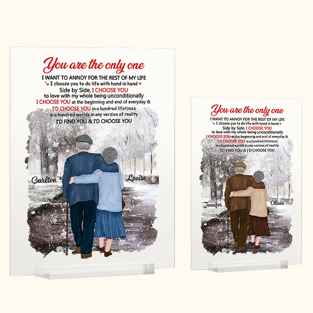 Plaque acrylique personnalisée I Choose You Old Couple A Walk in the Snow Woods Cadeau de Saint-Valentin Décorations de maison