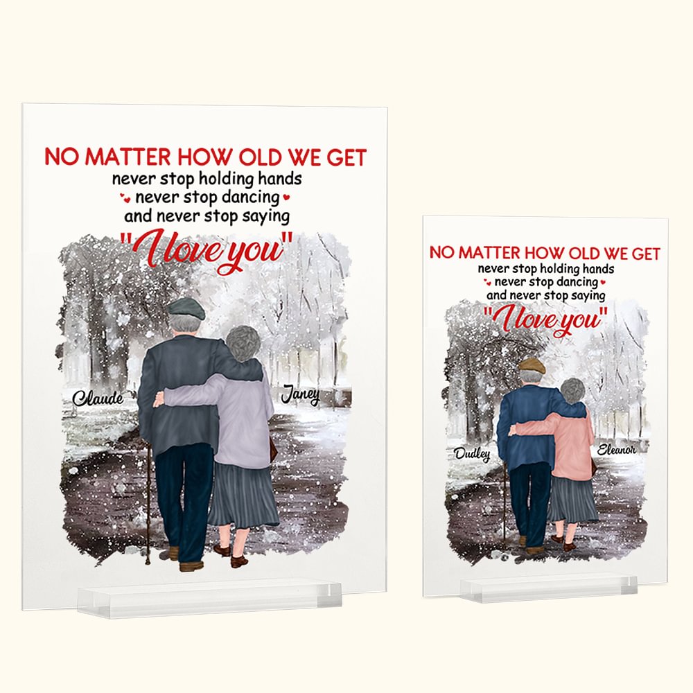 Plaque acrylique personnalisée Déclaration d'amour Poésie lyrique Je t'aime Vieux couple marchant dans la neige Cadeau de Saint-Valentin Ornement de bureau