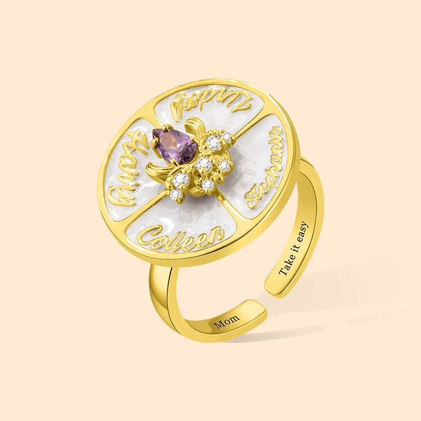 Bague Wheel Fidget Spinner Personnalisée avec Pierre de Naissance et Noms Cadeau Anniversaire Fête pour Femme