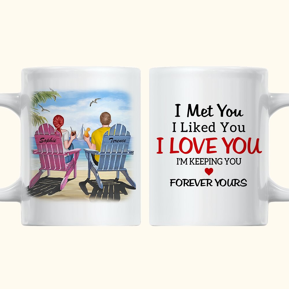 Personnalisé Je t'ai rencontré Je t'aime Couple romantique Assis sur la plage Tasse en céramique blanche Cadeau pour elle pour le bureau et la