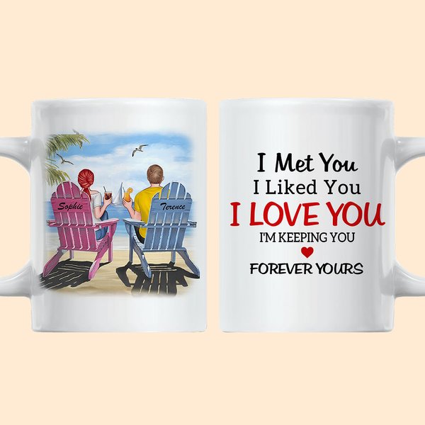 Gepersonaliseerde I Met You I Love You Romantisch Paar Zittend Strand Wit Keramisch Mok Cadeau voor Haar voor Kantoor en Thuis