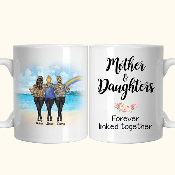 Personalisierte Mutter und Töchter für immer miteinander verbunden, Regenbogenweiß, Keramiktasse, Muttergeschenk