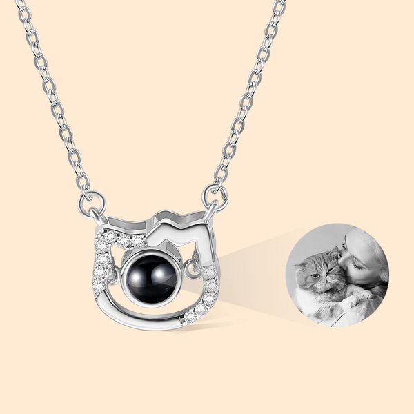 Personalised Cat Projection Photo Necklace with I Love You in 100 Languages Jewellery for Cat Lover