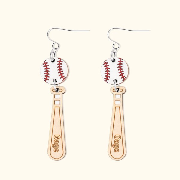 Wood Baseball Softball Dangle Earrings Engraved Name